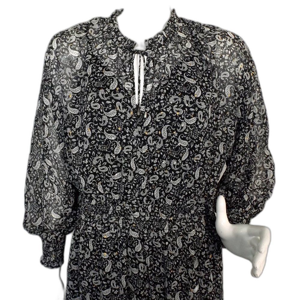 new LOVESTITCH Dress, L, Black/White Paisley, Smocked Waist/Cuffs, Attached Slip - Picture 2 of 15